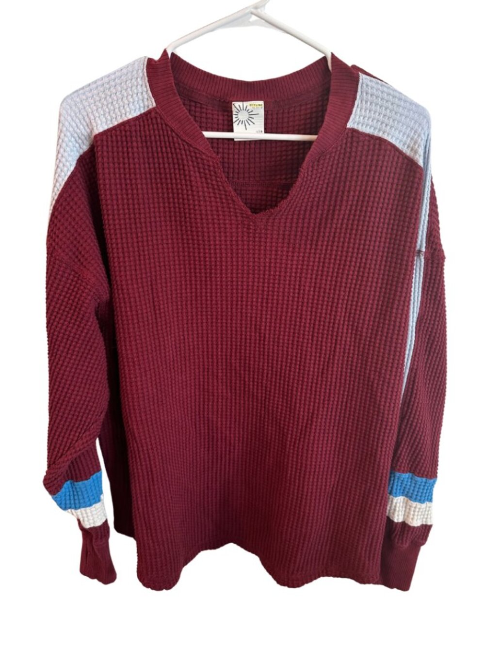 Waffle Knit Burgandy Low V-Neck Sweater by Aerie (Size Large)